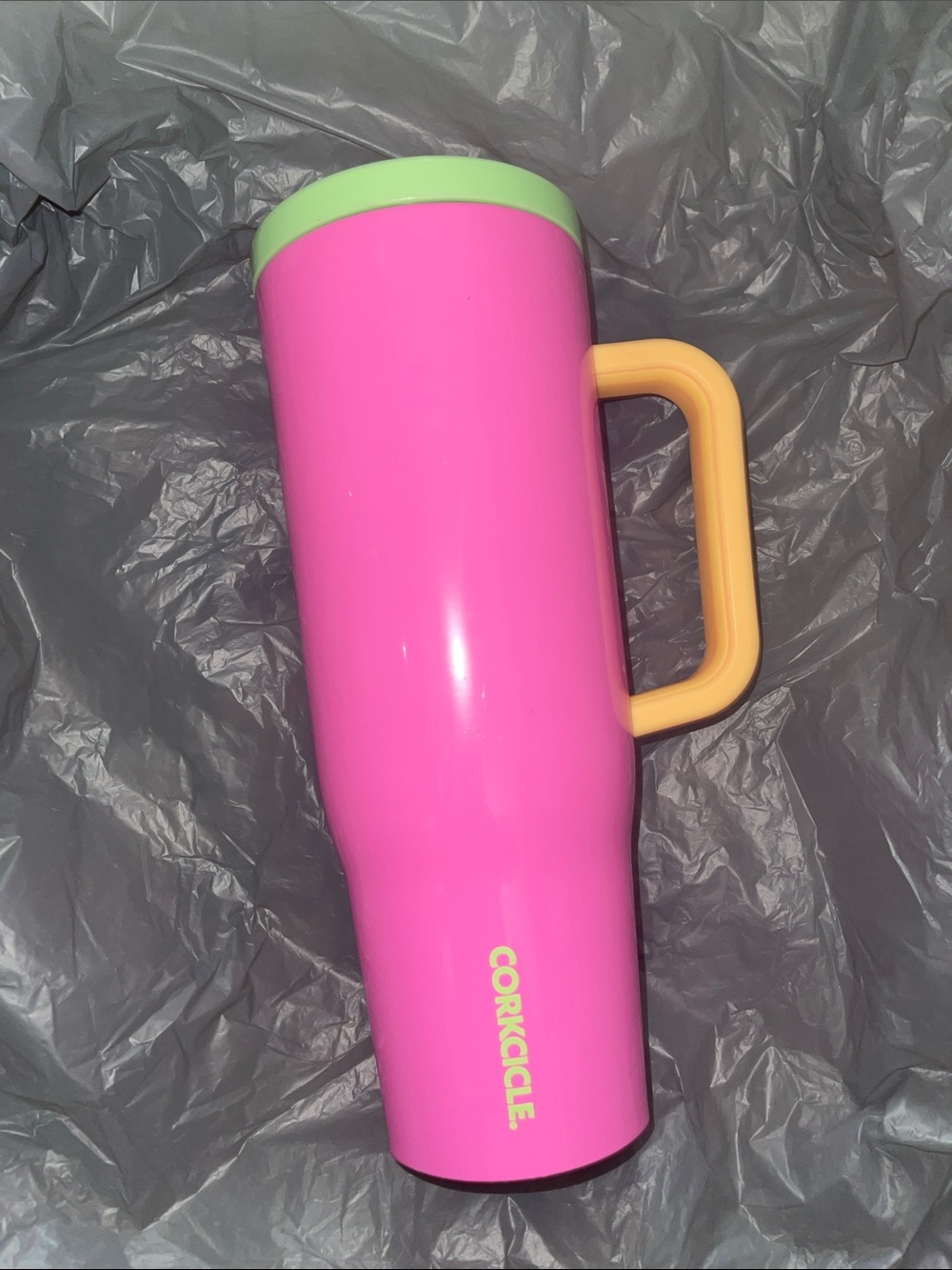 Corkcicle Pink Tumbler with Green Lid and Orange Insulated Handle Lid 40 oz